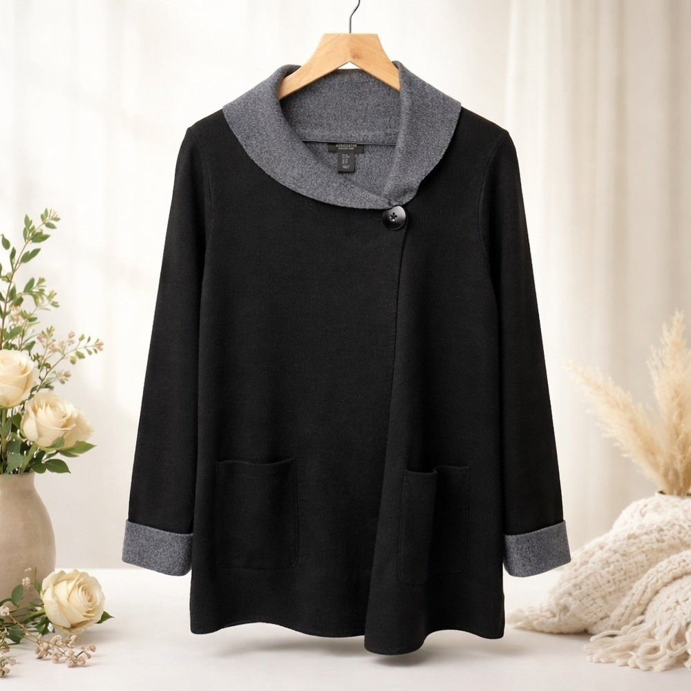 Jones and Co. Black and Gray Cowl Neck One Snap Sweater Jacket